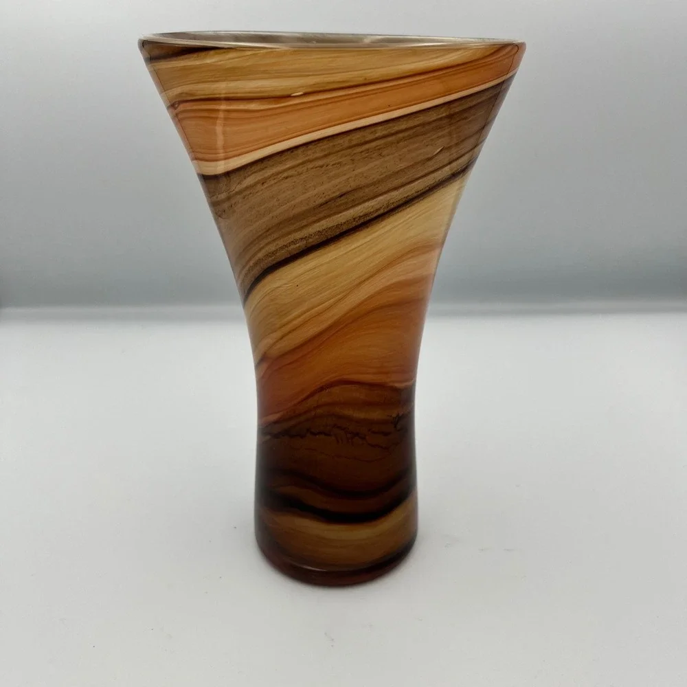 Art Glass Vase Brown Tan Orange Swirl Design‎ Home Decor Centerpiece Gift